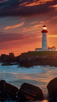Lighthouse on Rocky Shore at Dusk 4K Loop features an A.I. generated video of a lighthouse on a rocky shore at sunset with waves crashing on the shore in a vertical ratio.
