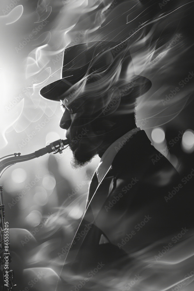 Poster Abstract image of a composer conducting an orchestra, with lines and shapes representing the flow of music,