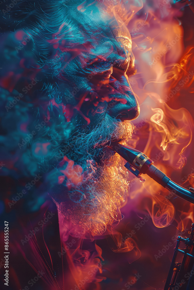 Poster Artistic portrayal of a composer with their music materializing as a symphony of colors and shapes,