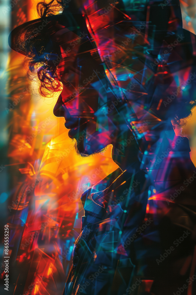 Poster artistic portrayal of a composer with their music materializing as a symphony of colors and shapes,