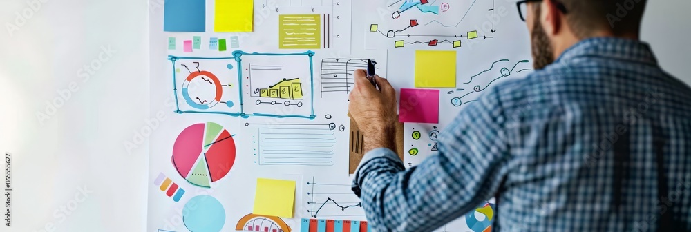 Poster businessman drawing strategy charts and graphs on whiteboard. planning and analysis concept. creativ