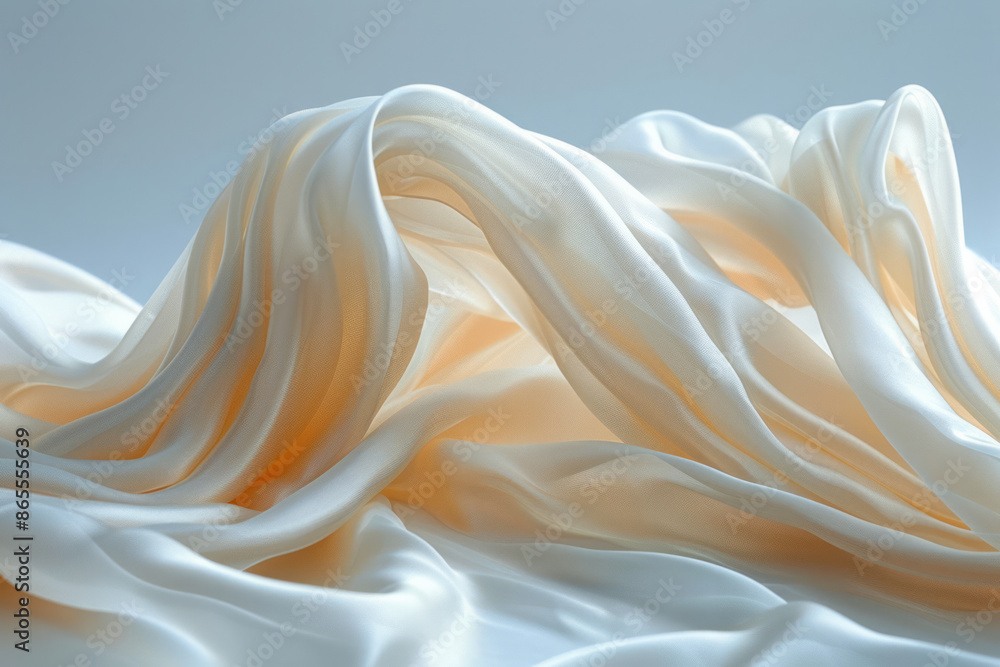 Aufkleber Macro image of smooth, luxurious silk fabric creating soft waves as it floats in the air, set against a white backdrop,