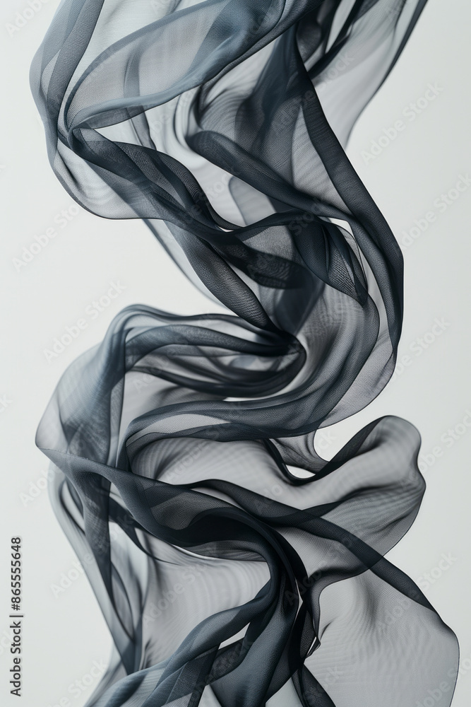 Poster close-up of a lightweight, flowing fabric suspended in mid-air, creating elegant curves against a wh