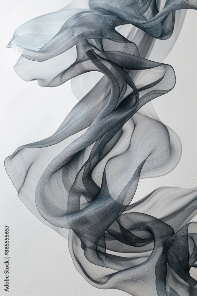 Poster close-up of a lightweight, flowing fabric suspended in mid-air, creating elegant curves against a wh