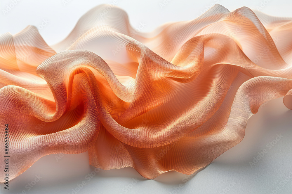 Poster Macro shot of soft, flowing silk threads intertwining and creating delicate waves in the air on a white background,