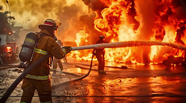 Fireman Battling Flames with Water in Emergency (mov) made with Ai generative technology