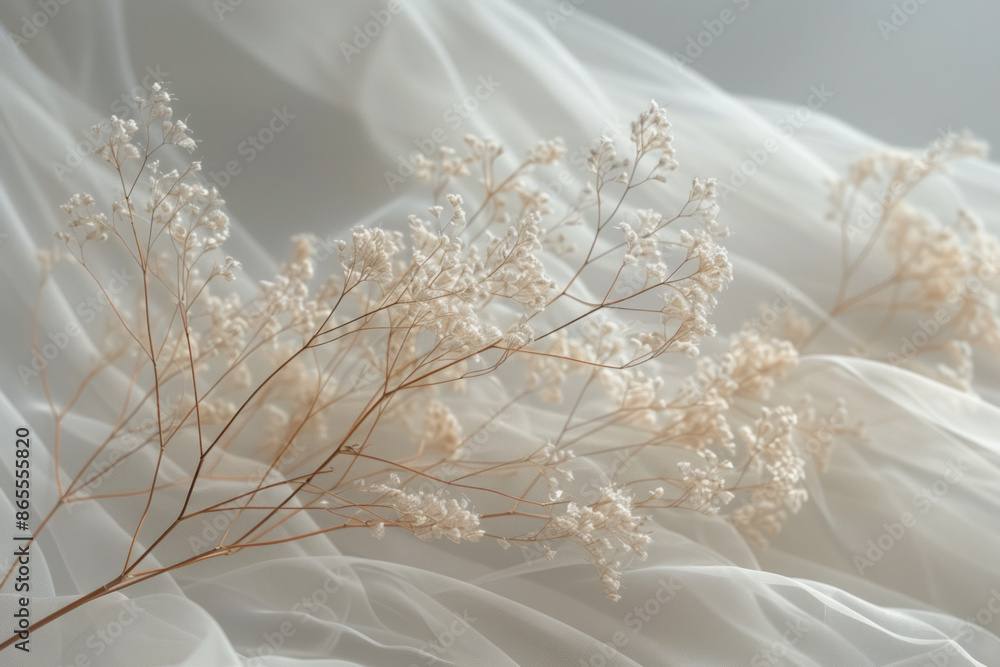 Poster Macro shot of soft, elegant silk threads gracefully fluttering in the air, creating intricate patterns against a white backdrop,