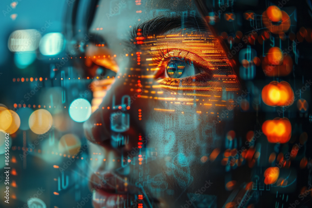 Poster Detailed visualization of AI performing image recognition, with pixelated images and clear, distinct outlines,
