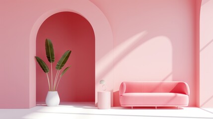 A contemporary living room in shades of pink, featuring a minimalist design and ample space for personalization.