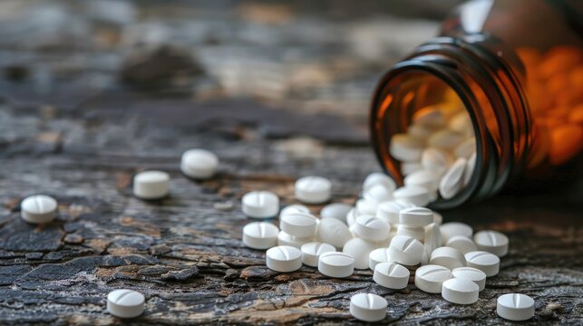 Macro view with copy space of spilled white ivermectin pills and tablets from a bottle