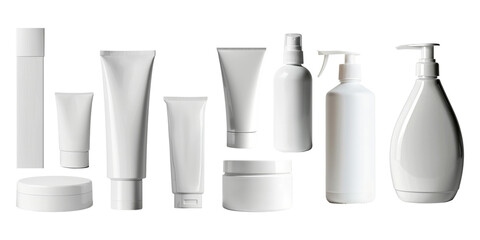 Set of White blank Cosmetic packaging of lotion, cream and serum isolated on background, various container of bottle, jar, dropper for product.
