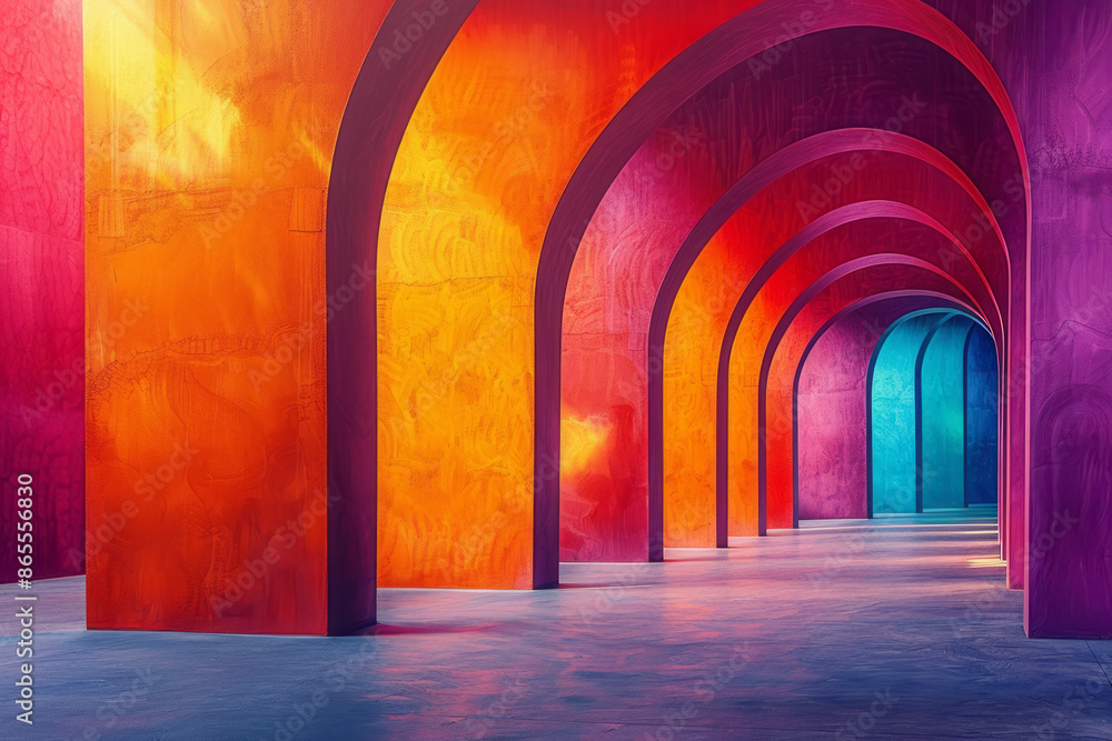 Aufkleber Minimalist geometric artwork with oversized squares and rectangles, punctuated by smooth arches in purple, orange, and turquoise,