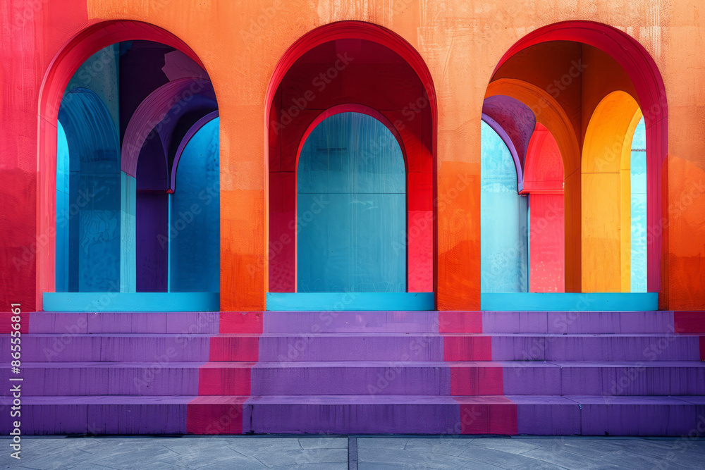 Poster Minimalist geometric artwork with oversized squares and rectangles, punctuated by smooth arches in purple, orange, and turquoise,