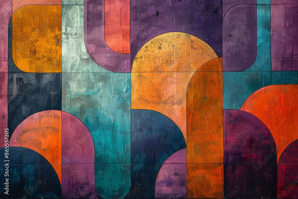 Poster contemporary geometric pattern with oversized squares and rectangles, complemented by smooth arches 