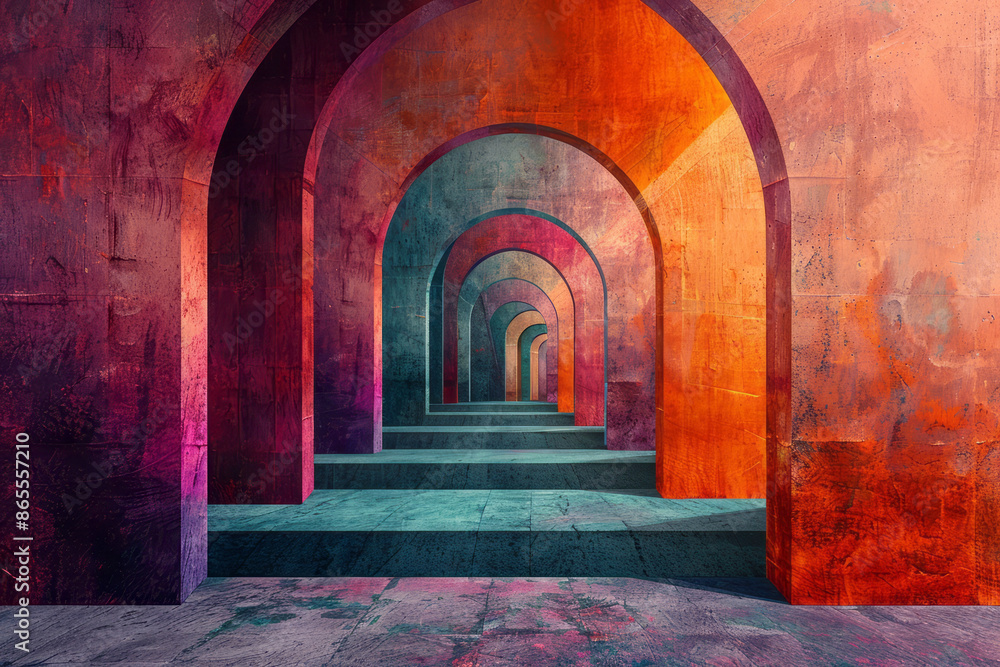Aufkleber modern abstract design with large squares and rectangles, enhanced by dynamic arches in purple, oran