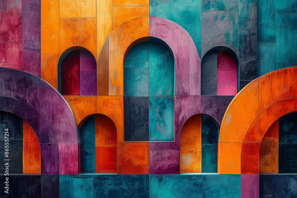 Poster modern abstract design with large squares and rectangles, enhanced by dynamic arches in purple, oran