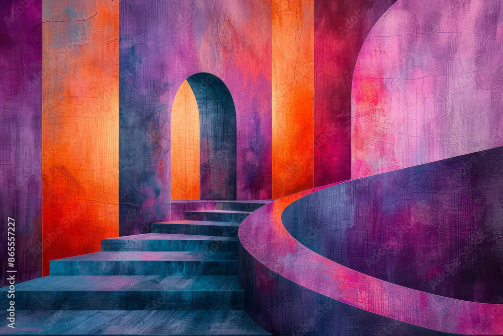 Aufkleber modern abstract design with large squares and rectangles, enhanced by dynamic arches in purple, oran