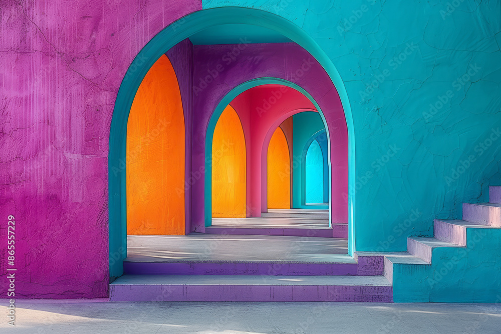 Poster minimalist geometric composition of big squares and rectangles, highlighted by elegant arches in pur