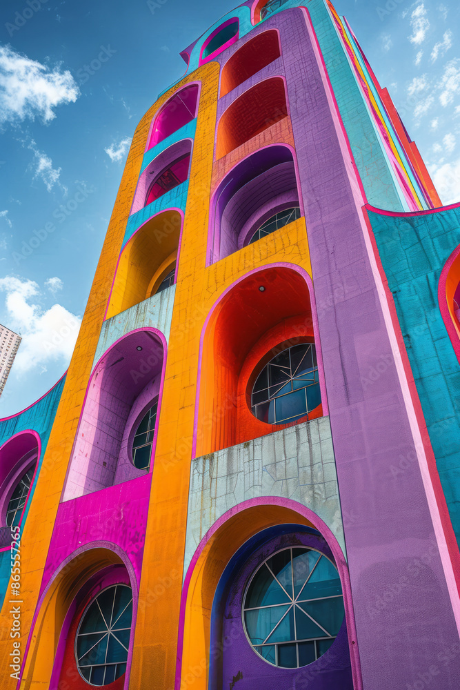 Poster bold geometric pattern with large squares and rectangles, punctuated by fluid arches in vibrant purp