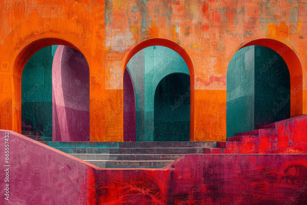 Aufkleber modern abstract art featuring oversized squares and rectangles, accented by dynamic arches in purple