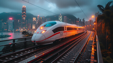 Fut Train Rolling Through Hong Kong Cityscape at Dusk