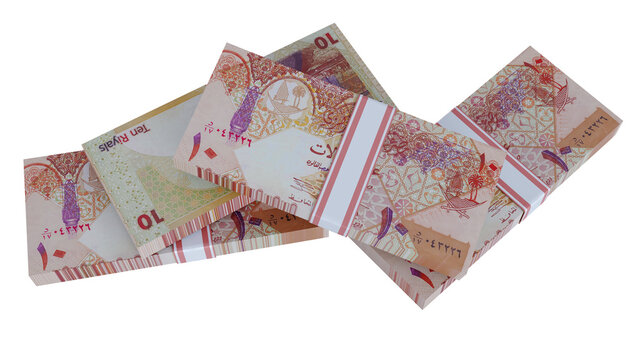 Stack of ten riyal qatari Bills isolated on transparent Background,