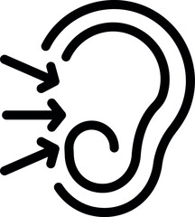 Simple black and white icon of an ear receiving sound waves