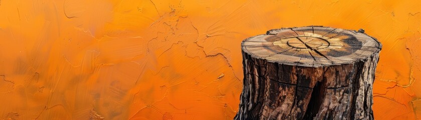 A large tree stump sits on a bright orange background. The stump is the only thing visible in the image, and it is the main focus. The bright orange background creates a sense of warmth and energy