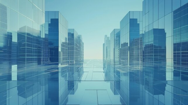 Symmetrical view of modern glass buildings reflecting the clear blue sky. Urban architecture and contemporary cityscape