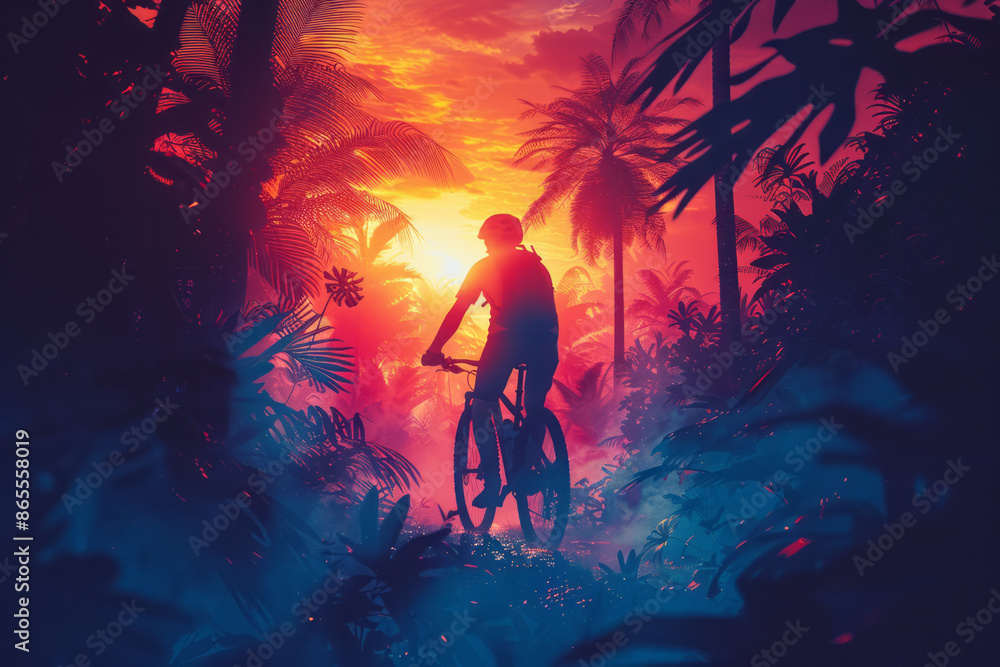 Poster detailed polygonal design of a cyclist navigating through a jungle with geometric trees and vines,