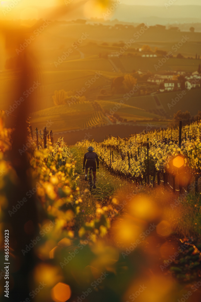 Poster abstract polygonal design of a cyclist riding through a vineyard with geometric grapevines and hills