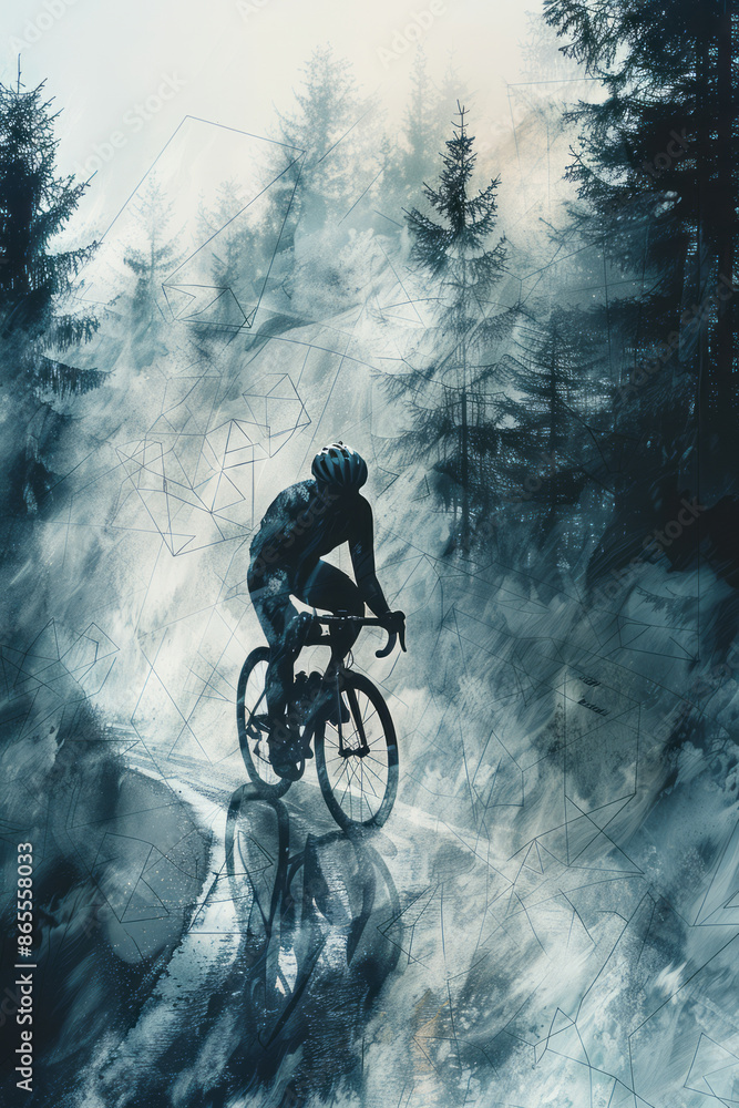 Poster abstract polygonal cyclist riding through a foggy landscape with geometric mist and trees,
