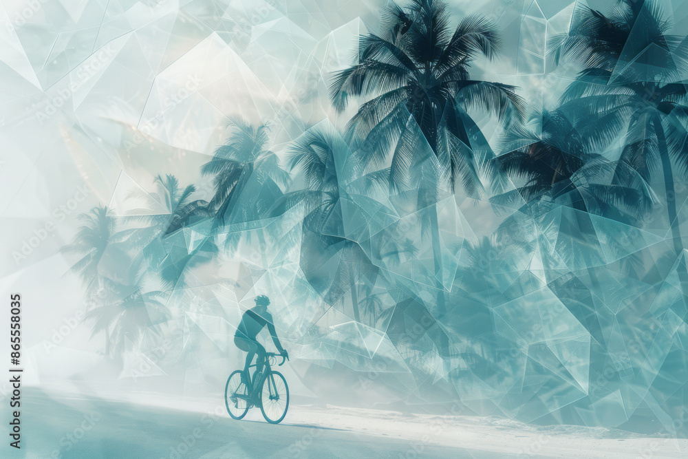 Poster abstract polygonal design of a cyclist navigating through a tropical island with geometric palm tree