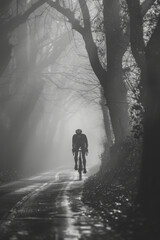 Obraz premium Abstract polygonal cyclist riding through a foggy landscape with geometric mist and trees,