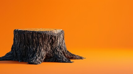 A large tree stump sits on a bright orange background. The stump is the only thing visible in the image, and it is the main focus. The bright orange background creates a sense of warmth and energy