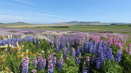 Obraz premium The fields of lupins and snapdragons seemed to stretch on endlessly creating a whimsical and dreamy landscape.