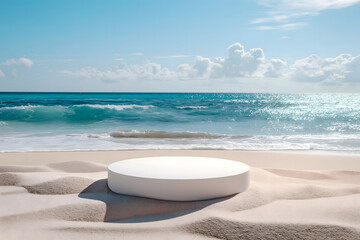 empty podium for product display on sand with a beautiful sea summer background. generative ai
