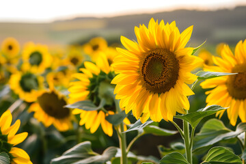 Fototapeta premium Yellow sunflowers blooming in field background. generative ai