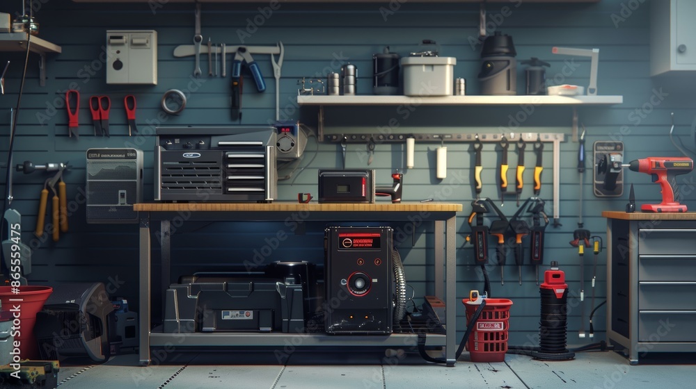 Aufkleber compact red gasoline generator in well-organized workshop for efficient power solutions