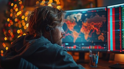 Man with a beard on the background of trading charts