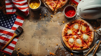 Labor Day celebration with pizza, paintbrush, white helmet, American flag on left, right side for copy space for text, plain background for ads