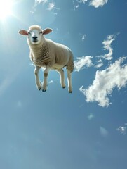 Flying sheep against a background of blue sky and clouds. Animal in the air
