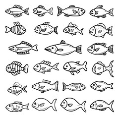 Obraz premium fish, sea, vector, fishing, silhouette, animal, illustration, icon, cartoon, nature, water, pattern, food, salmon, ocean, design, marine, art, set, seafood, seamless, shark, car, Seashells svg, Seashe