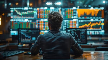 Rear view of trader sitting at desk and looking at stock market data