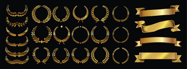 Set of golden laurel wreaths and ribbons. luxury golden ornaments