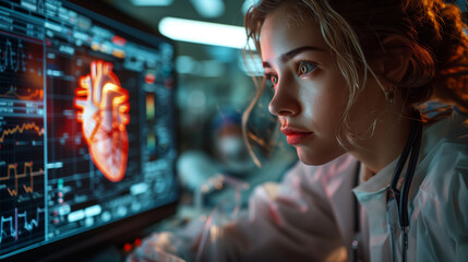 Obraz premium Woman Studying Heart Scan on Computer
