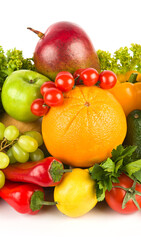 vegetables and fruits isolated on a white background. Vertical photo.