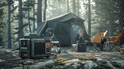Fototapeta premium Rugged Outdoor Camping Setup with Gasoline Generator Providing Power to Gear and Equipment