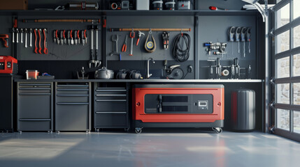 Fototapeta premium Modern Gasoline Generator in a Well-Organized Home Garage Surrounded by Tools and Equipment