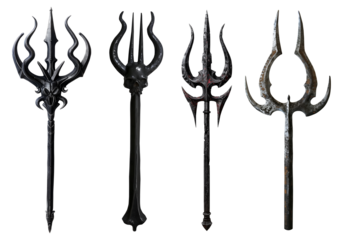 Set collection of devil demon satan black rustic trident pitchfork fork accessory, on transparent background cutout. PNG file. Mockup template for artwork design

